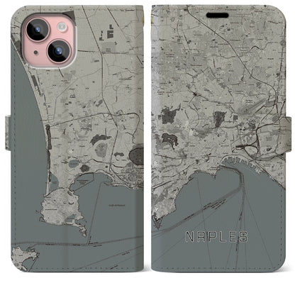 【ナポリ（イタリア）】地図柄iPhoneケース（手帳タイプ）モノトーン・iPhone 15 Plus 用