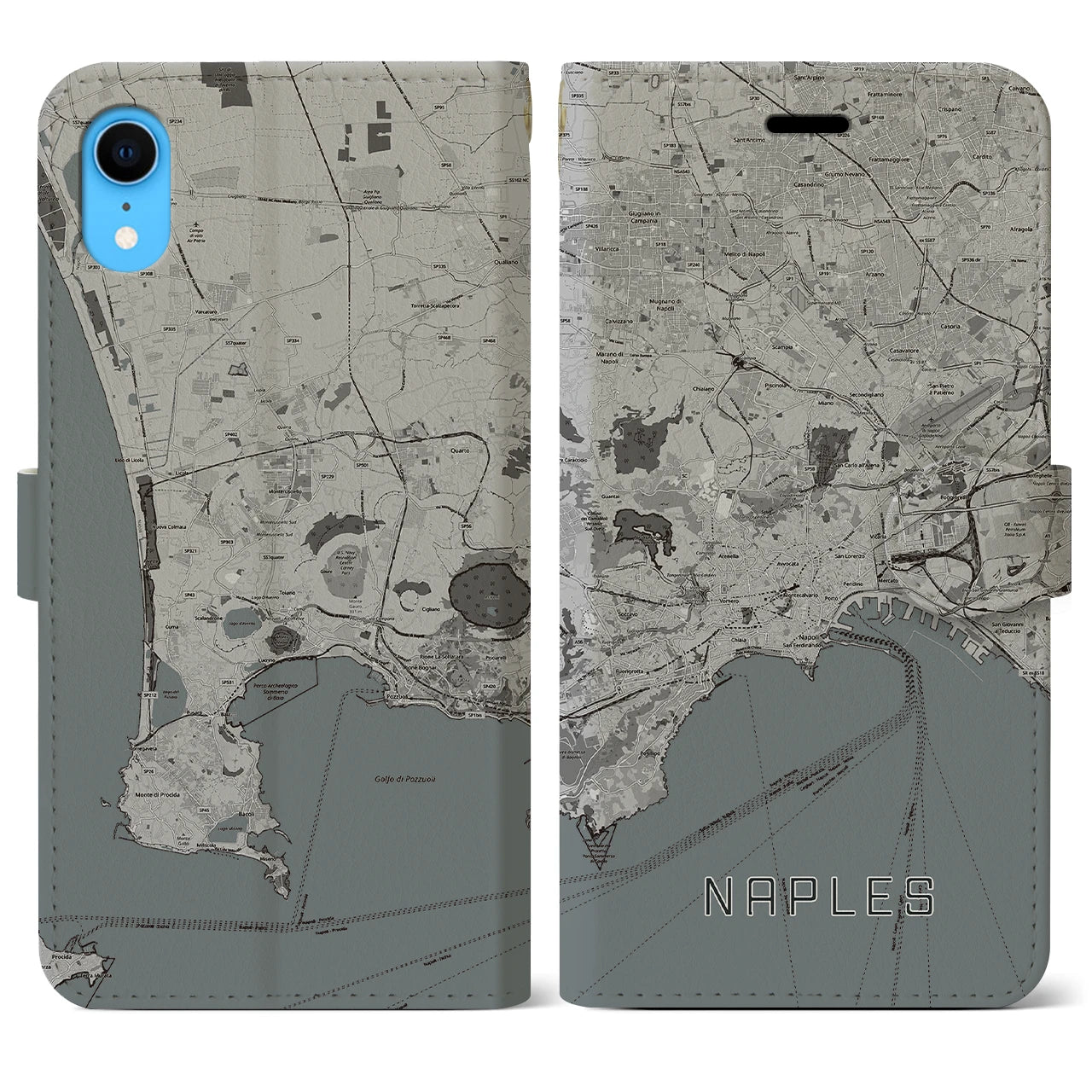【ナポリ】地図柄iPhoneケース（手帳両面タイプ・モノトーン）iPhone XR 用