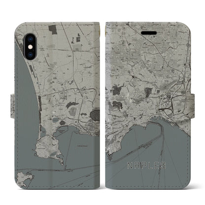 【ナポリ（イタリア）】地図柄iPhoneケース（手帳タイプ）モノトーン・iPhone XS / X 用