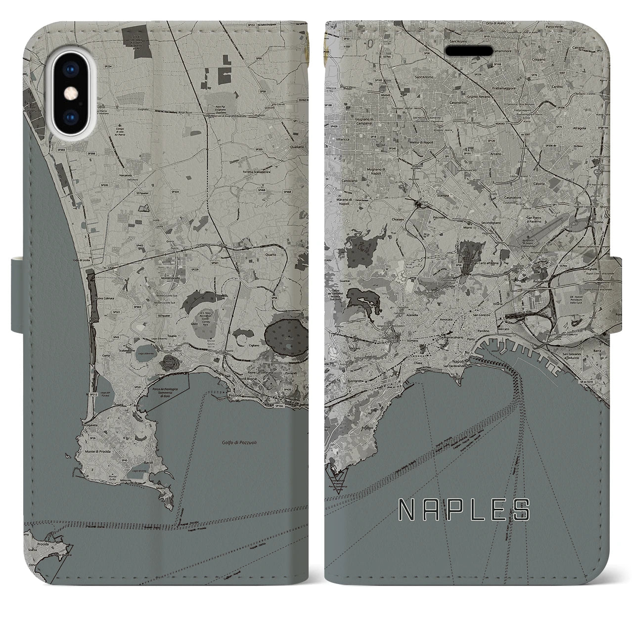 【ナポリ】地図柄iPhoneケース（手帳両面タイプ・モノトーン）iPhone XS Max 用