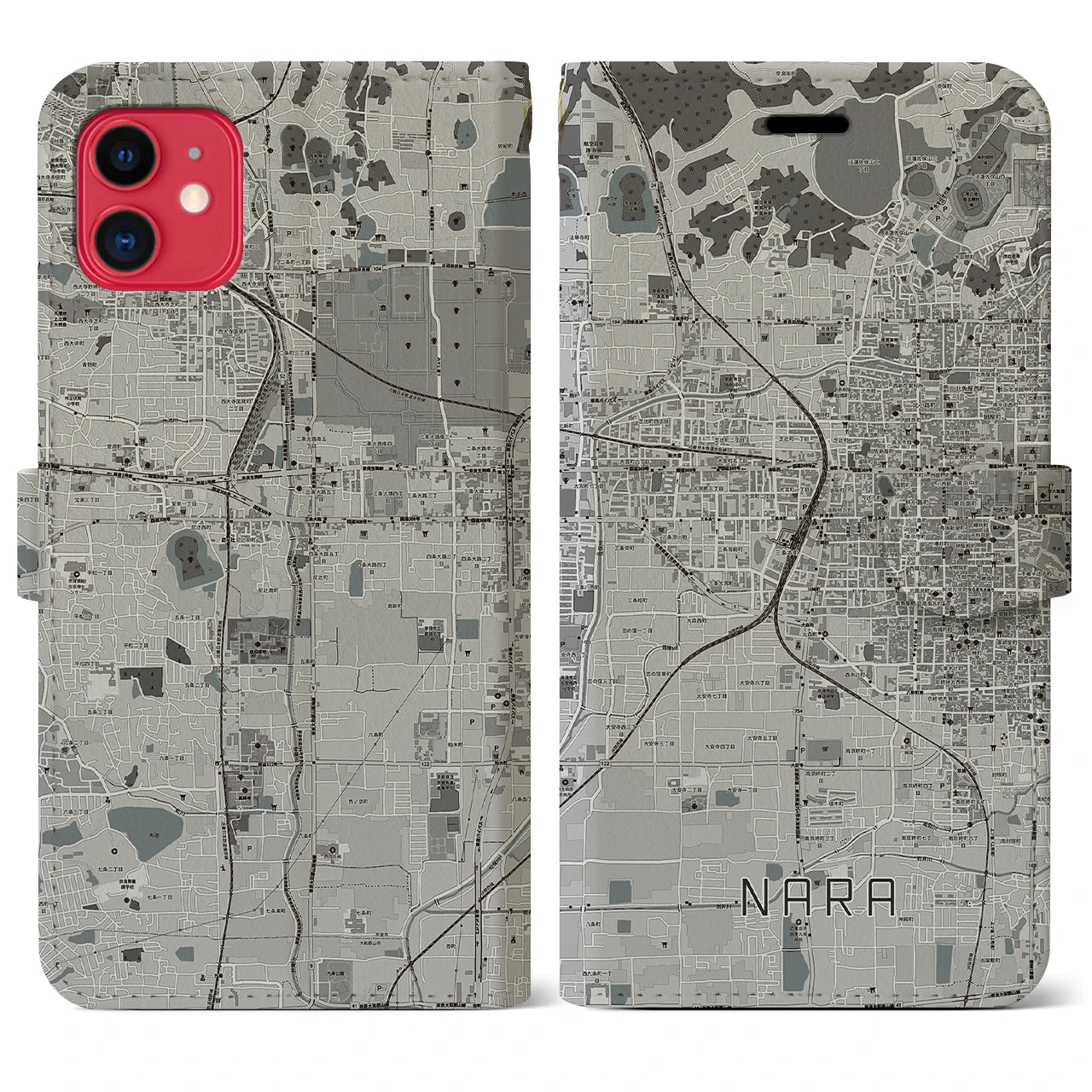 【奈良2】地図柄iPhoneケース（手帳両面タイプ・モノトーン）iPhone 11 用