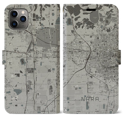 【奈良2（奈良県）】地図柄iPhoneケース（手帳タイプ）モノトーン・iPhone 11 Pro Max 用