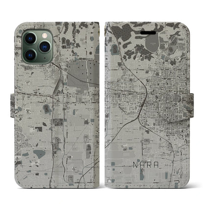 【奈良2（奈良県）】地図柄iPhoneケース（手帳タイプ）モノトーン・iPhone 11 Pro 用