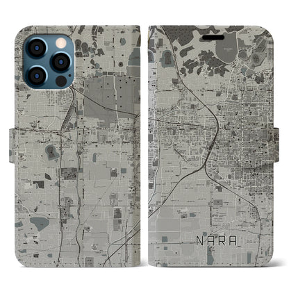【奈良2（奈良県）】地図柄iPhoneケース（手帳タイプ）モノトーン・iPhone 12 / 12 Pro 用