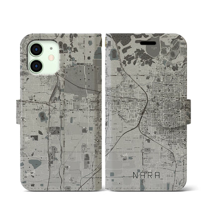 【奈良2（奈良県）】地図柄iPhoneケース（手帳タイプ）モノトーン・iPhone 12 mini 用