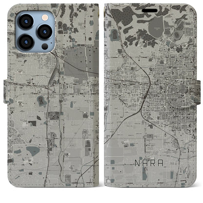 【奈良2（奈良県）】地図柄iPhoneケース（手帳タイプ）モノトーン・iPhone 13 Pro Max 用