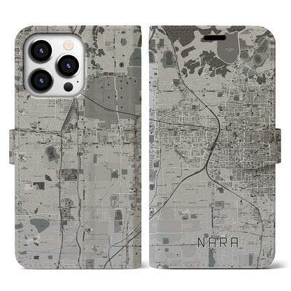 【奈良2（奈良県）】地図柄iPhoneケース（手帳タイプ）モノトーン・iPhone 13 Pro 用