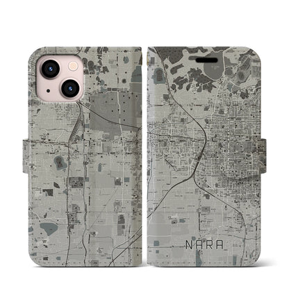 【奈良2（奈良県）】地図柄iPhoneケース（手帳タイプ）モノトーン・iPhone 13 mini 用