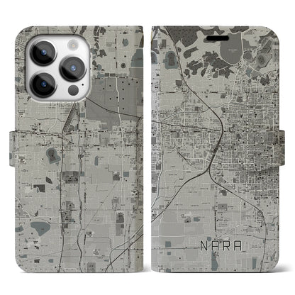 【奈良2（奈良県）】地図柄iPhoneケース（手帳タイプ）モノトーン・iPhone 14 Pro 用