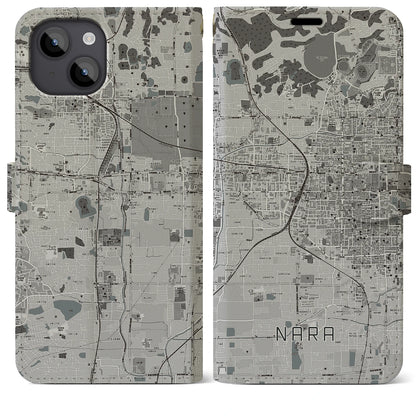 【奈良2（奈良県）】地図柄iPhoneケース（手帳タイプ）モノトーン・iPhone 14 Plus 用
