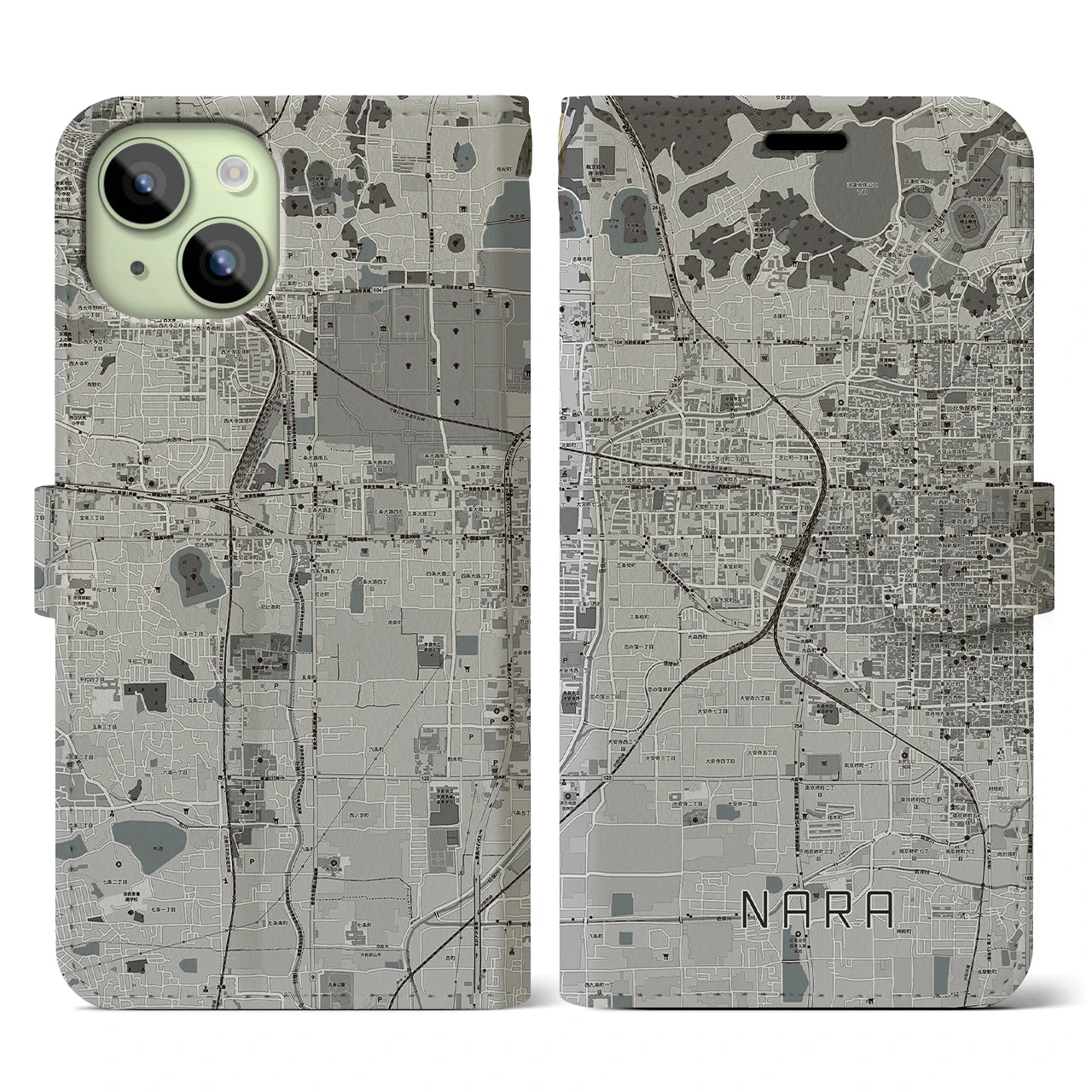 【奈良2】地図柄iPhoneケース（手帳両面タイプ・モノトーン）iPhone 15 用