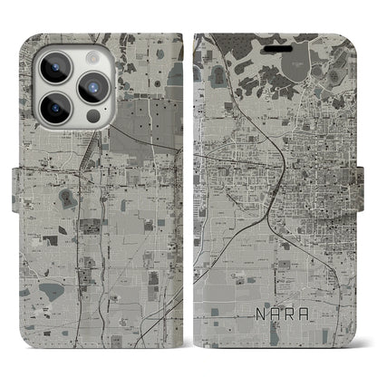【奈良2（奈良県）】地図柄iPhoneケース（手帳タイプ）モノトーン・iPhone 15 Pro 用