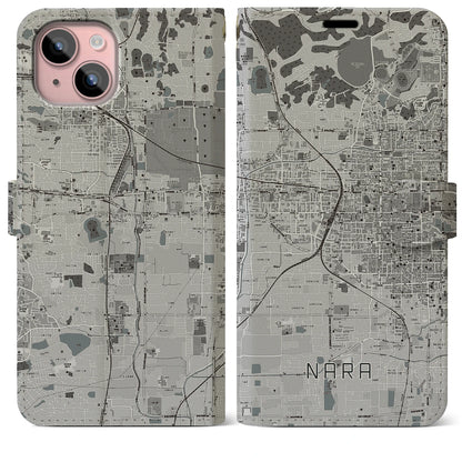 【奈良2（奈良県）】地図柄iPhoneケース（手帳タイプ）モノトーン・iPhone 15 Plus 用