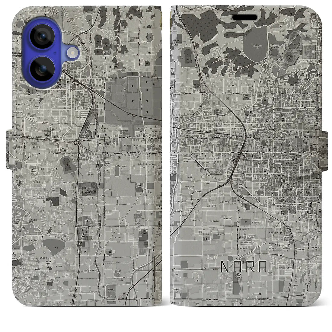 【奈良2(奈良県)】地図柄iPhoneケース(手帳タイプ)モノトーン・iPhone 16 Pro Max 用