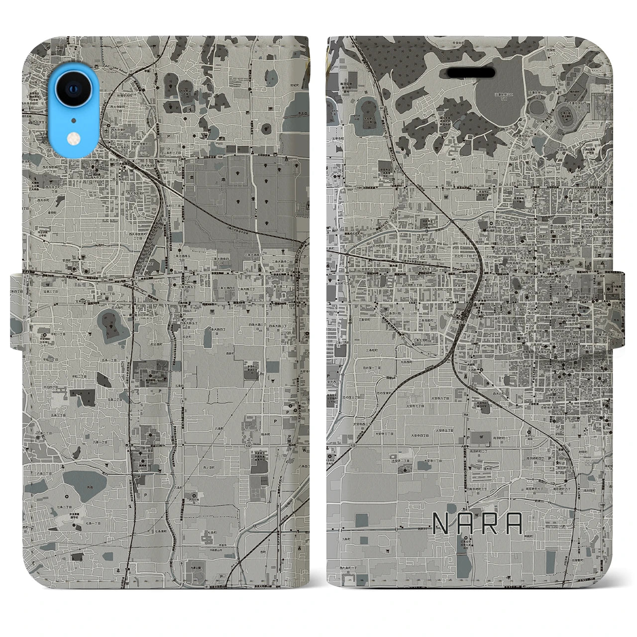 【奈良2】地図柄iPhoneケース（手帳両面タイプ・モノトーン）iPhone XR 用