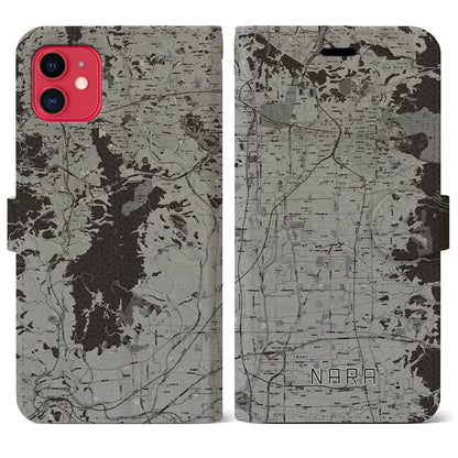 【奈良（奈良県）】地図柄iPhoneケース（手帳タイプ）モノトーン・iPhone 11 用