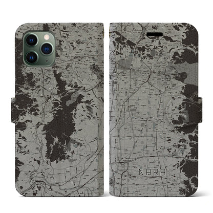 【奈良（奈良県）】地図柄iPhoneケース（手帳タイプ）モノトーン・iPhone 11 Pro 用