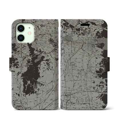 【奈良（奈良県）】地図柄iPhoneケース（手帳タイプ）モノトーン・iPhone 12 mini 用