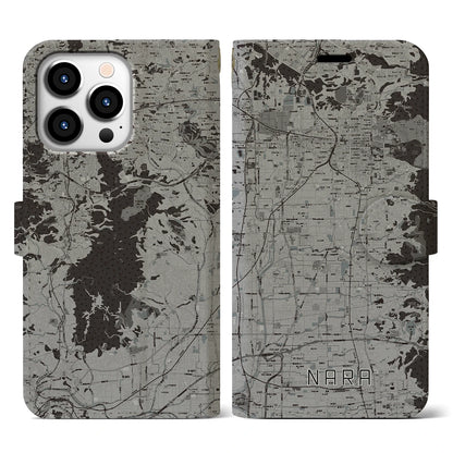 【奈良（奈良県）】地図柄iPhoneケース（手帳タイプ）モノトーン・iPhone 13 Pro 用