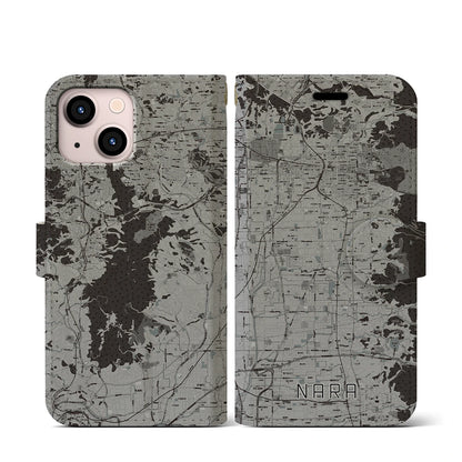 【奈良（奈良県）】地図柄iPhoneケース（手帳タイプ）モノトーン・iPhone 13 mini 用