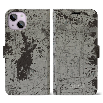 【奈良（奈良県）】地図柄iPhoneケース（手帳タイプ）モノトーン・iPhone 14 用