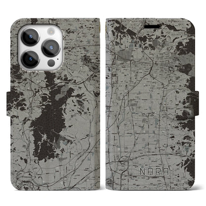 【奈良（奈良県）】地図柄iPhoneケース（手帳タイプ）モノトーン・iPhone 14 Pro 用