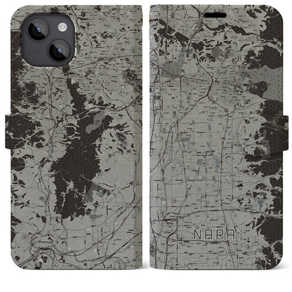 【奈良（奈良県）】地図柄iPhoneケース（手帳タイプ）モノトーン・iPhone 14 Plus 用