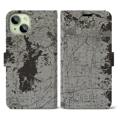 【奈良（奈良県）】地図柄iPhoneケース（手帳タイプ）モノトーン・iPhone 15 用