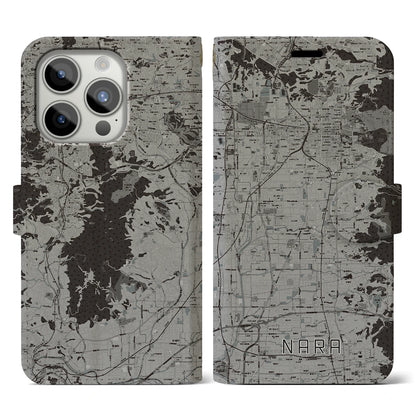【奈良（奈良県）】地図柄iPhoneケース（手帳タイプ）モノトーン・iPhone 15 Pro 用