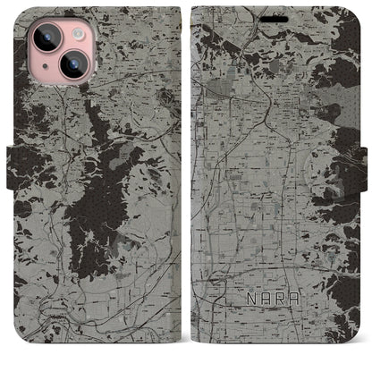 【奈良（奈良県）】地図柄iPhoneケース（手帳タイプ）モノトーン・iPhone 15 Plus 用
