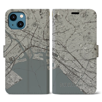 【習志野2（千葉県）】地図柄iPhoneケース（手帳タイプ）モノトーン・iPhone 13 用