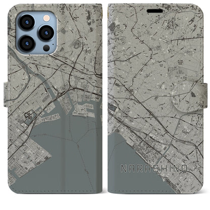 【習志野2（千葉県）】地図柄iPhoneケース（手帳タイプ）モノトーン・iPhone 13 Pro Max 用