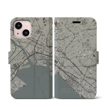 【習志野2（千葉県）】地図柄iPhoneケース（手帳タイプ）モノトーン・iPhone 13 mini 用