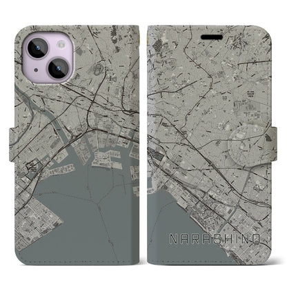 【習志野2（千葉県）】地図柄iPhoneケース（手帳タイプ）モノトーン・iPhone 14 用