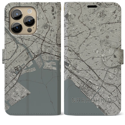 【習志野2（千葉県）】地図柄iPhoneケース（手帳タイプ）モノトーン・iPhone 14 Pro Max 用