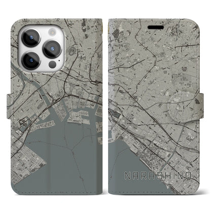 【習志野2（千葉県）】地図柄iPhoneケース（手帳タイプ）モノトーン・iPhone 14 Pro 用