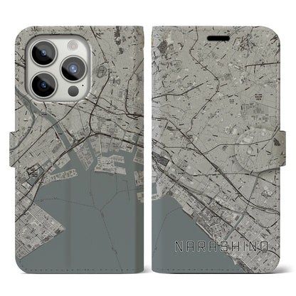 【習志野2（千葉県）】地図柄iPhoneケース（手帳タイプ）モノトーン・iPhone 15 Pro 用