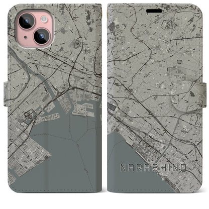 【習志野2（千葉県）】地図柄iPhoneケース（手帳タイプ）モノトーン・iPhone 15 Plus 用