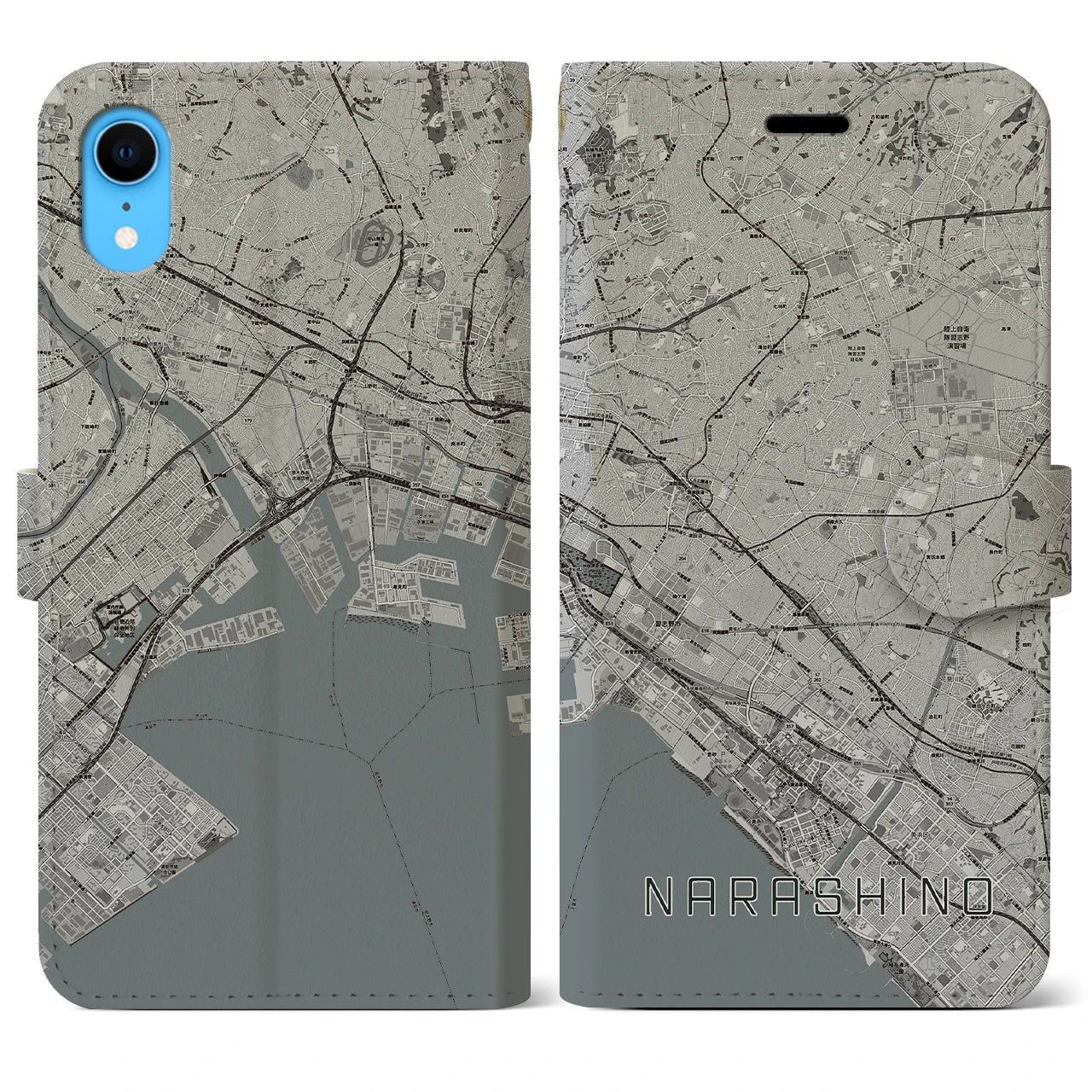 【習志野2】地図柄iPhoneケース（手帳両面タイプ・モノトーン）iPhone XR 用