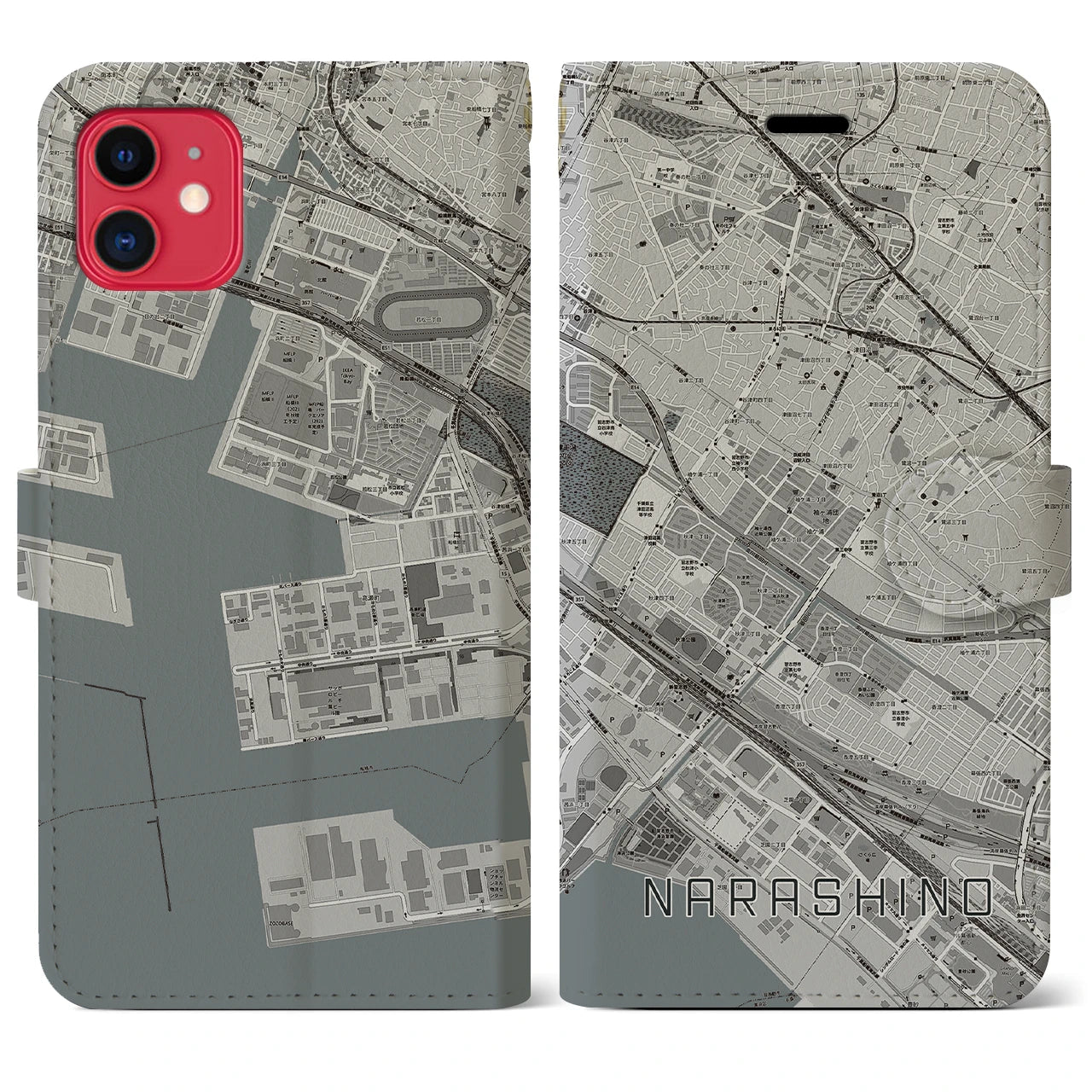 【習志野】地図柄iPhoneケース（手帳両面タイプ・モノトーン）iPhone 11 用