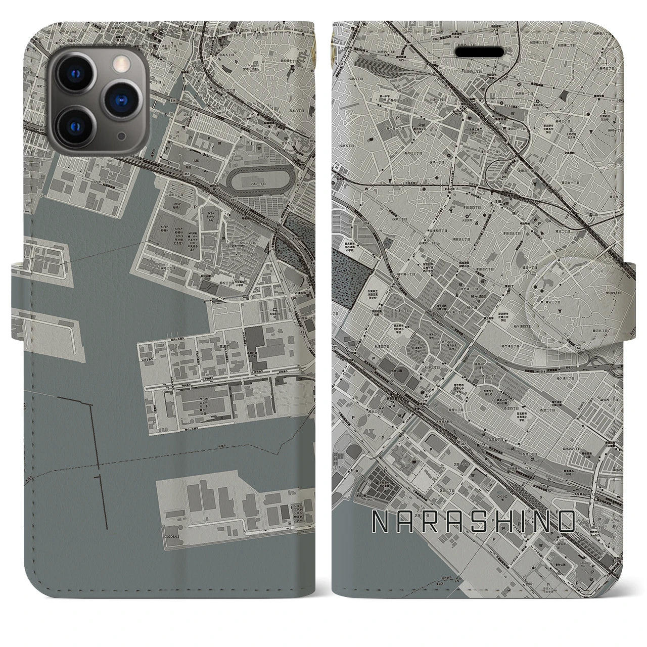 【習志野】地図柄iPhoneケース（手帳両面タイプ・モノトーン）iPhone 11 Pro Max 用