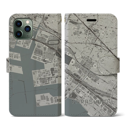 【習志野（千葉県）】地図柄iPhoneケース（手帳タイプ）モノトーン・iPhone 11 Pro 用