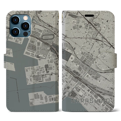 【習志野（千葉県）】地図柄iPhoneケース（手帳タイプ）モノトーン・iPhone 12 / 12 Pro 用