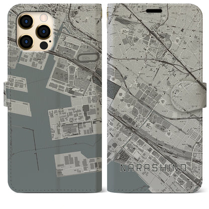 【習志野（千葉県）】地図柄iPhoneケース（手帳タイプ）モノトーン・iPhone 12 Pro Max 用