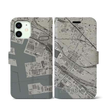 【習志野（千葉県）】地図柄iPhoneケース（手帳タイプ）モノトーン・iPhone 12 mini 用