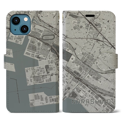 【習志野（千葉県）】地図柄iPhoneケース（手帳タイプ）モノトーン・iPhone 13 用