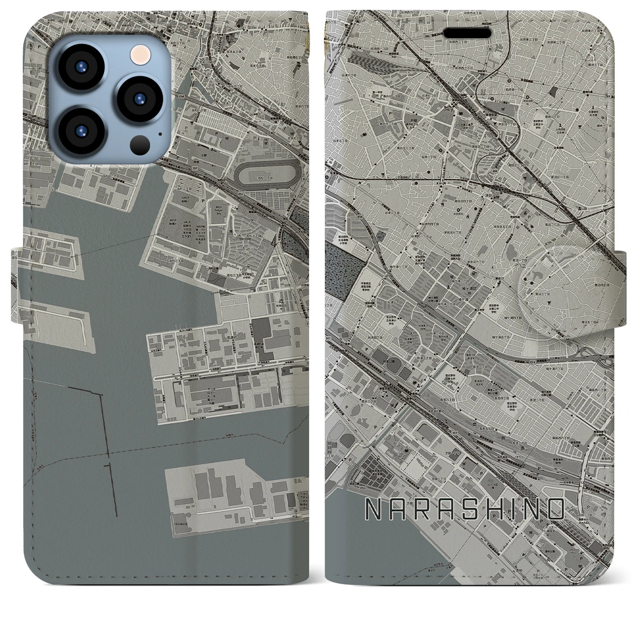 【習志野】地図柄iPhoneケース（手帳両面タイプ・モノトーン）iPhone 13 Pro Max 用
