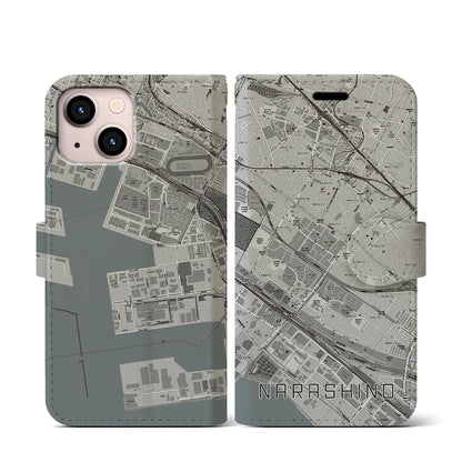 【習志野（千葉県）】地図柄iPhoneケース（手帳タイプ）モノトーン・iPhone 13 mini 用