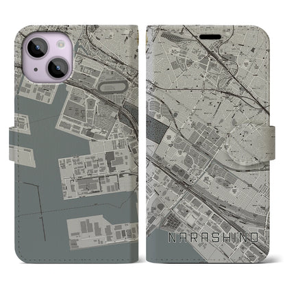 【習志野（千葉県）】地図柄iPhoneケース（手帳タイプ）モノトーン・iPhone 14 用