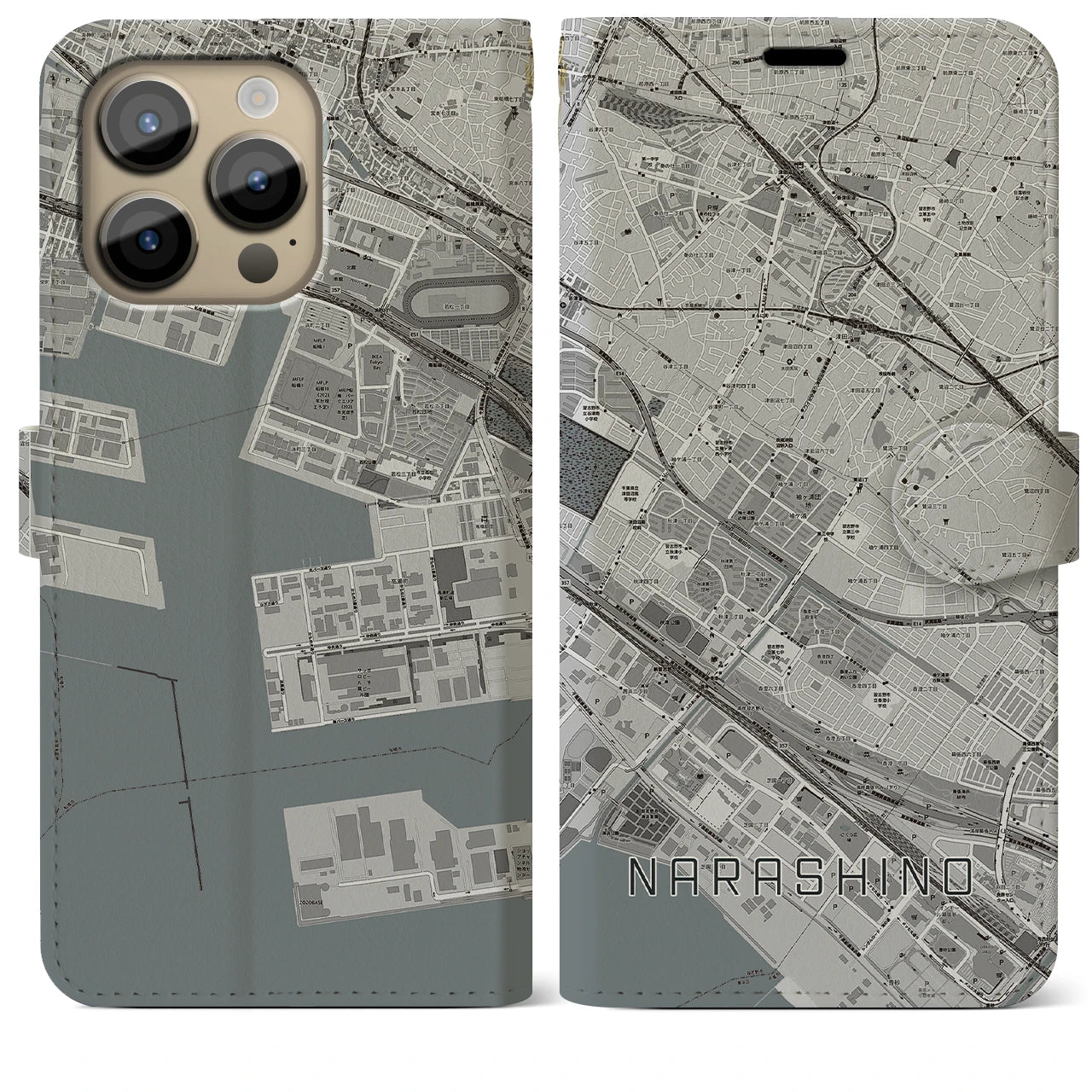 【習志野】地図柄iPhoneケース（手帳両面タイプ・モノトーン）iPhone 14 Pro Max 用